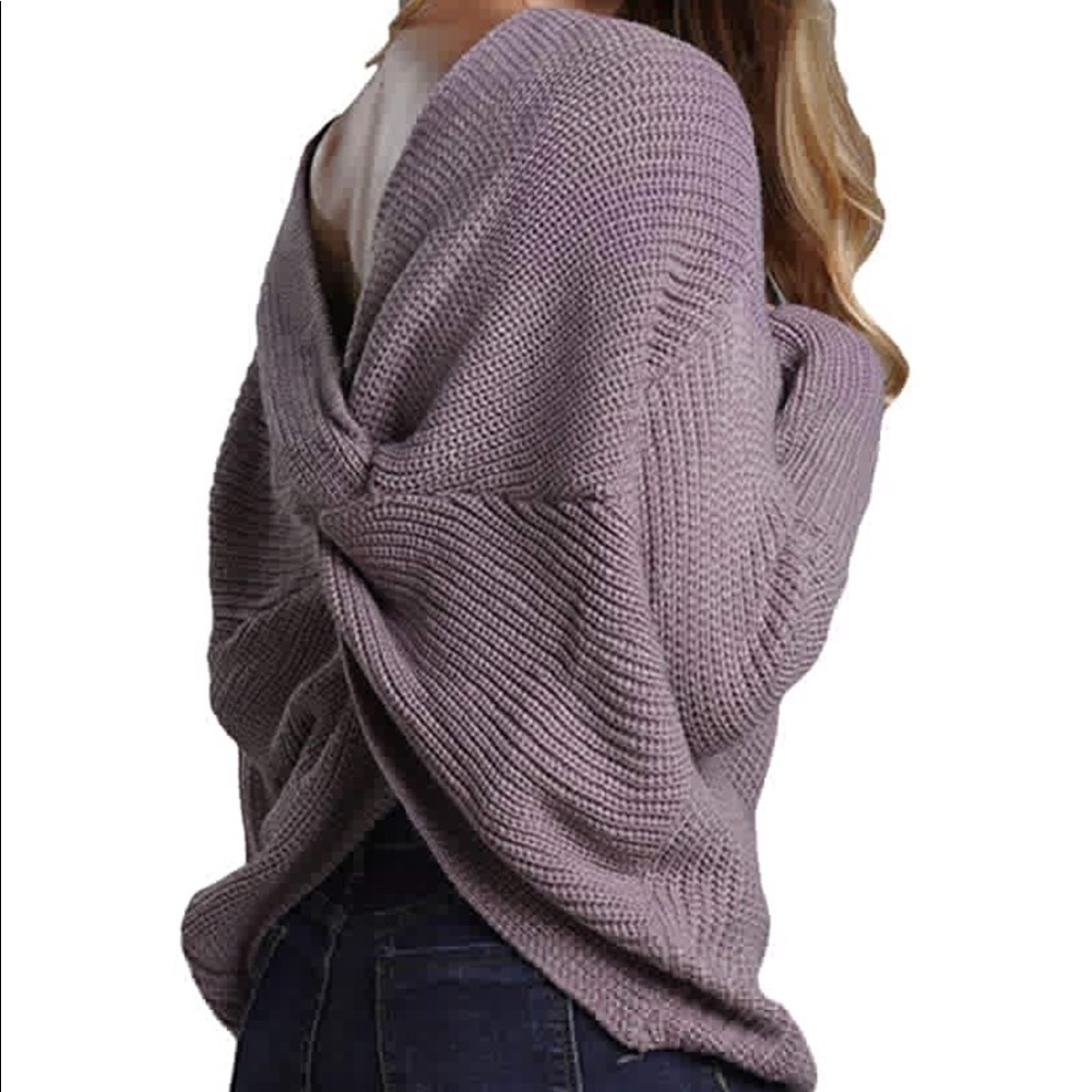 Purple V-Neck Backless Criss Cross Twist Back Oversized Batwing Sleeve Sweater